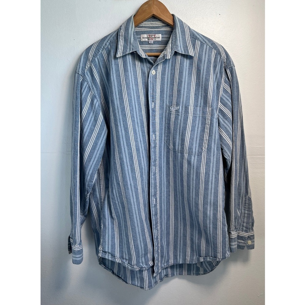 Guess Button Down Shirt Blue S Vintage 90s Georges Marciano Striped Denim USA